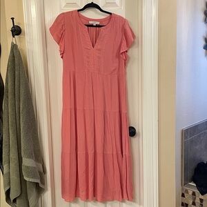 Pink Short Sleeve Midi Dress